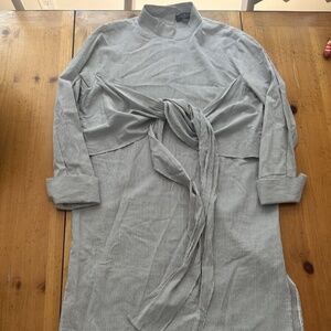 Few Moda New York Grey Stripe 100% Cotton Tie Waist Back Button Shirt Dress Sz M